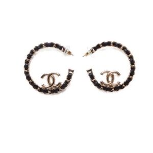 CHANEL Black & Gold Interwoven Hoop Earrings